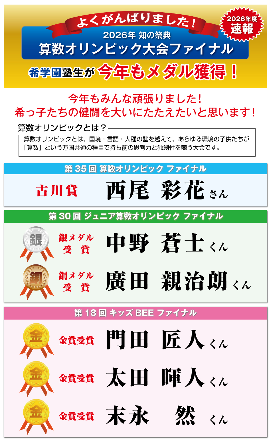2026年度 算数オリンピック入賞者